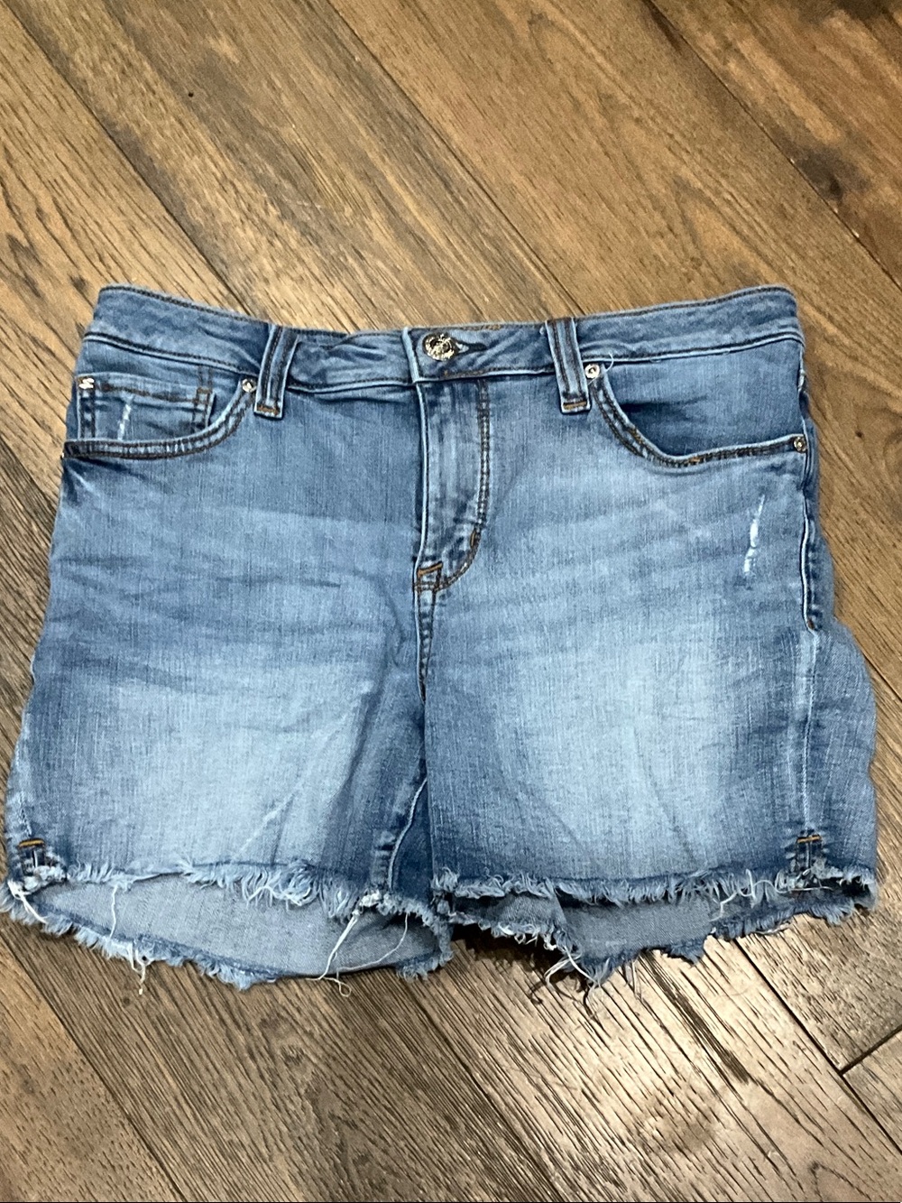 7 For All Mankind Light Blue Frayed Hem Denim Shorts